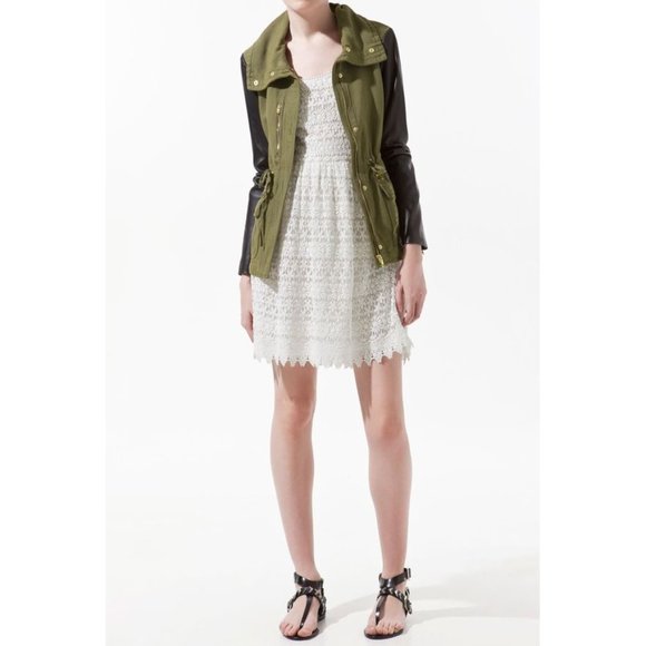 Zara Linen Lamb Leather Jacket Army Olive Green Utility Moto Edgy Biker Coat XS - Picture 7 of 16